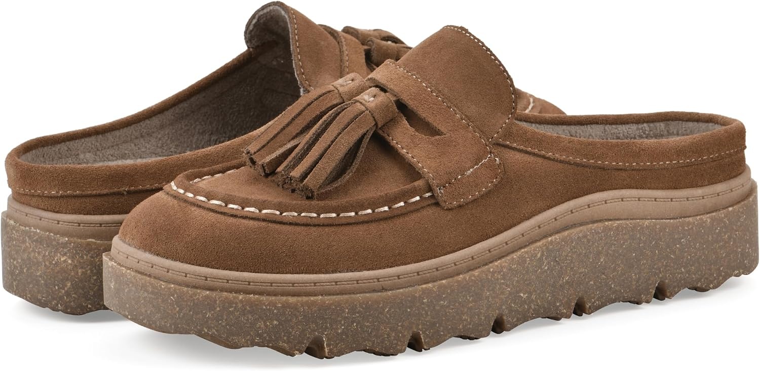 image:imageWHITE MOUNTAIN Womens Vailing Penny LoaferStyle Platform Footbed ClogNew Chestnut Suede