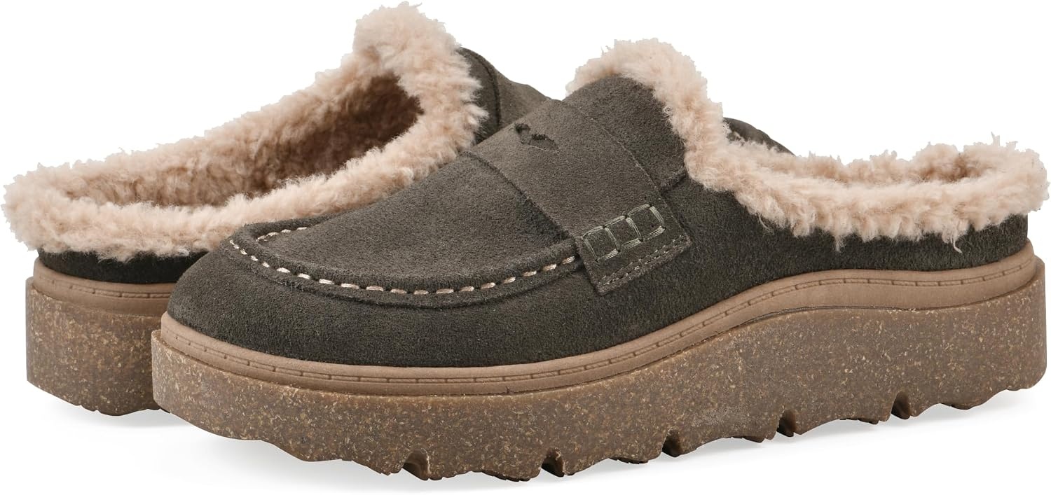 image:imageWHITE MOUNTAIN Womens Vayva Penny LoaferStyle Faux FurLined Platform ClogArmy Suede