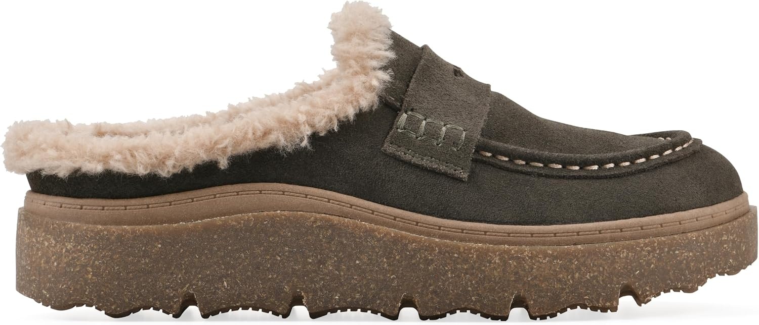 image:imageWHITE MOUNTAIN Womens Vayva Penny LoaferStyle Faux FurLined Platform ClogArmy Suede