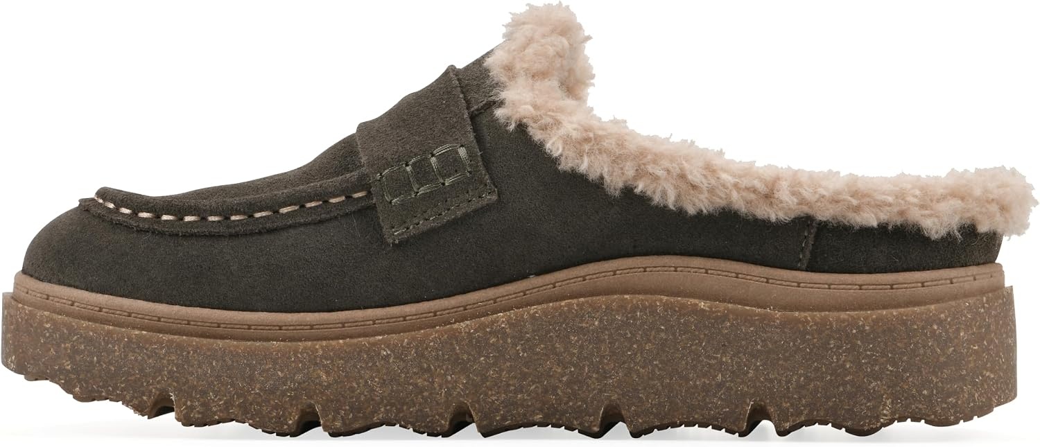 image:imageWHITE MOUNTAIN Womens Vayva Penny LoaferStyle Faux FurLined Platform ClogArmy Suede