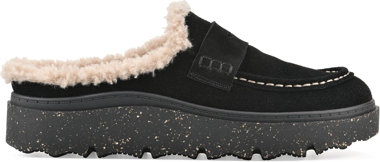 image:imageWHITE MOUNTAIN Womens Vayva Penny LoaferStyle Faux FurLined Platform ClogBlack Suede
