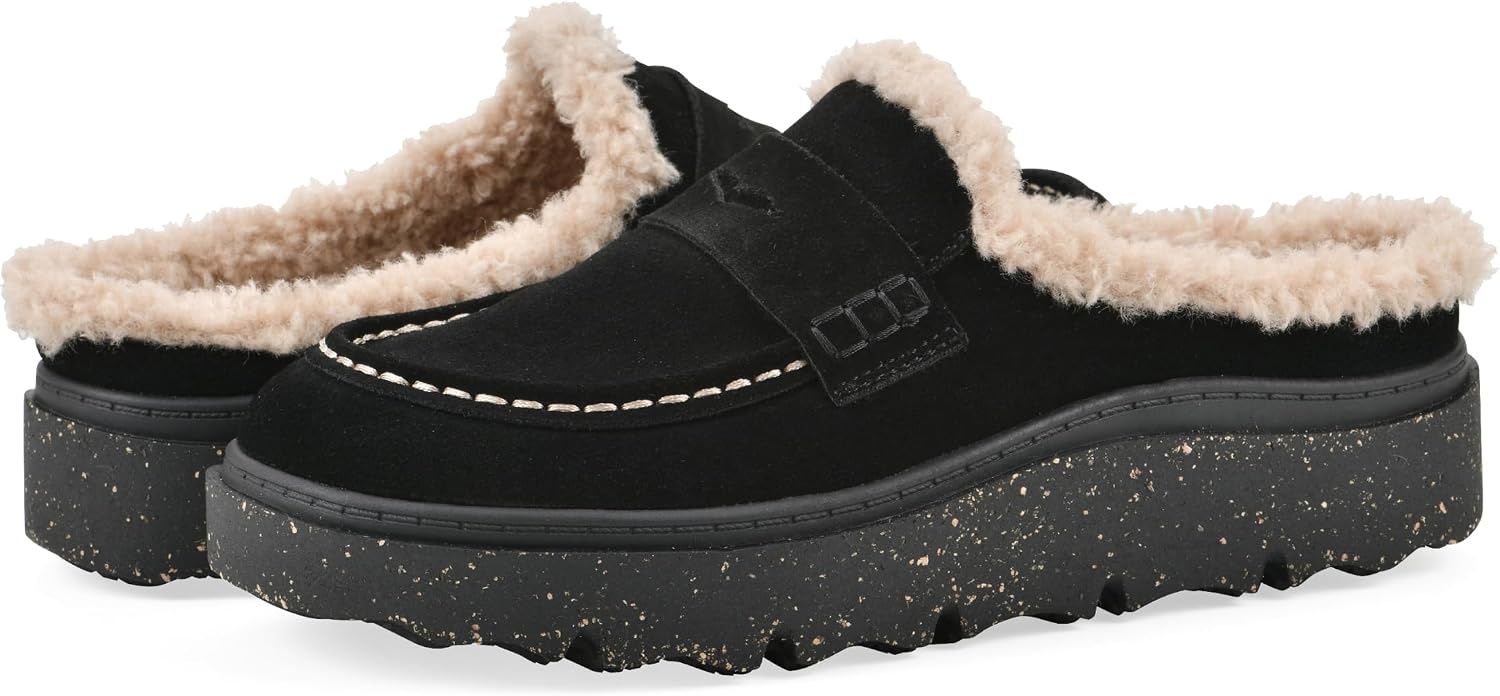 image:imageWHITE MOUNTAIN Womens Vayva Penny LoaferStyle Faux FurLined Platform ClogBlack Suede