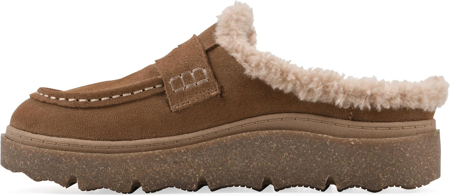 image:imageWHITE MOUNTAIN Womens Vayva Penny LoaferStyle Faux FurLined Platform ClogNew Chestnut Suede