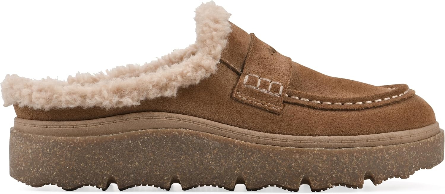 image:imageWHITE MOUNTAIN Womens Vayva Penny LoaferStyle Faux FurLined Platform ClogNew Chestnut Suede