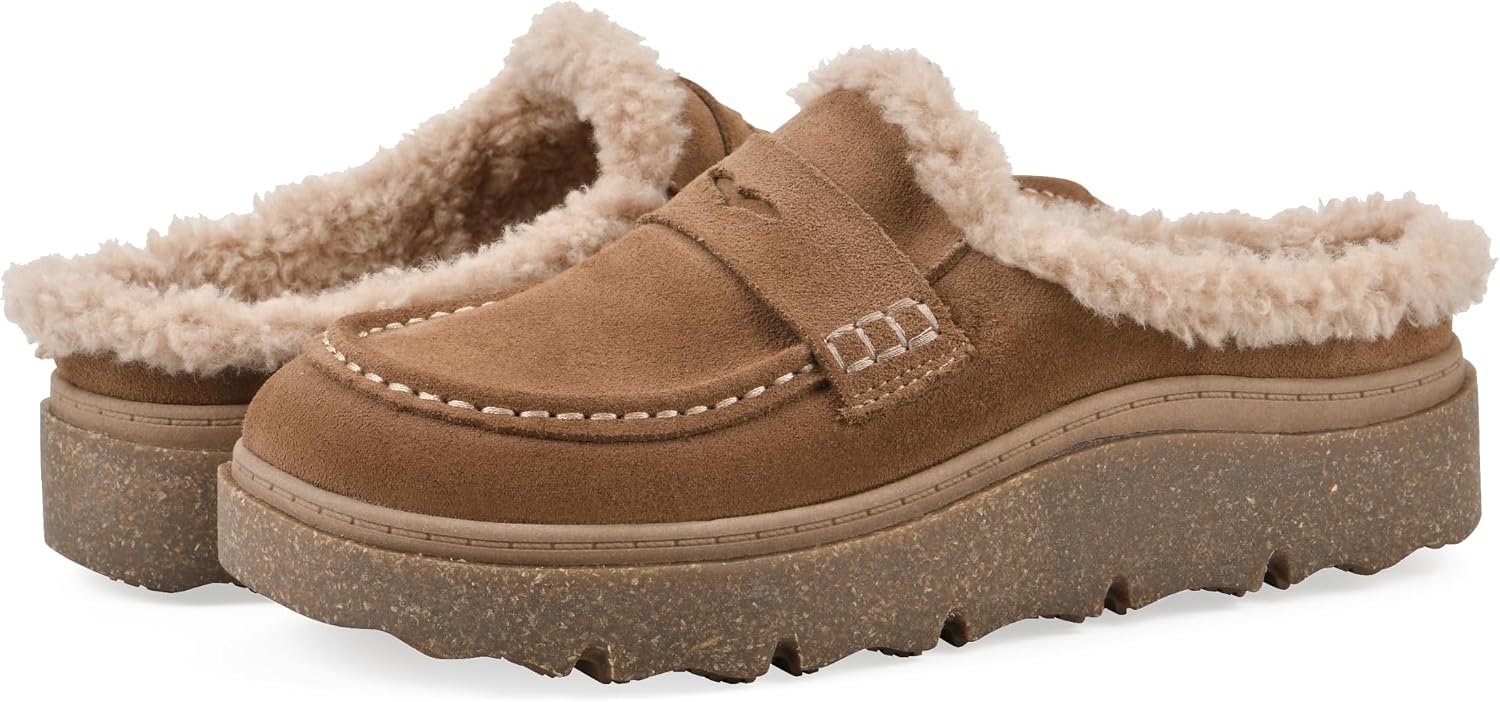 image:imageWHITE MOUNTAIN Womens Vayva Penny LoaferStyle Faux FurLined Platform ClogNew Chestnut Suede