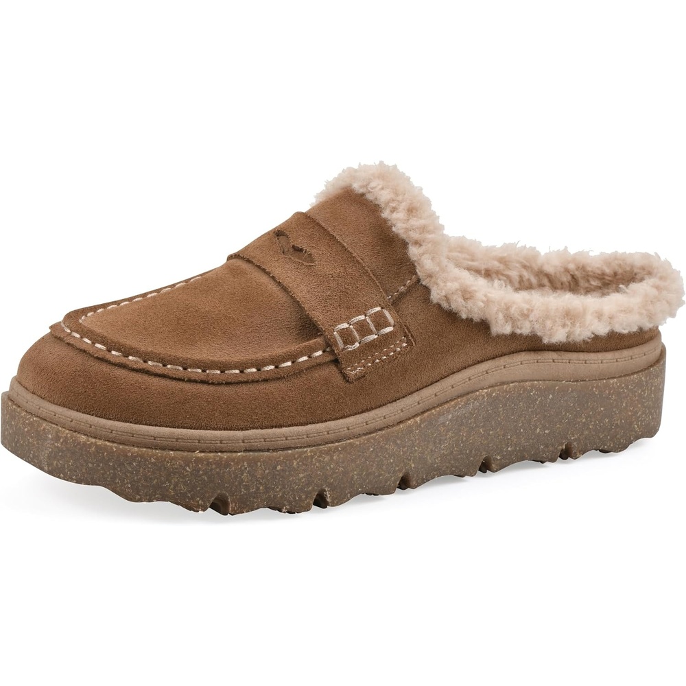 image:imageWHITE MOUNTAIN Womens Vayva Penny LoaferStyle Faux FurLined Platform ClogNew Chestnut Suede