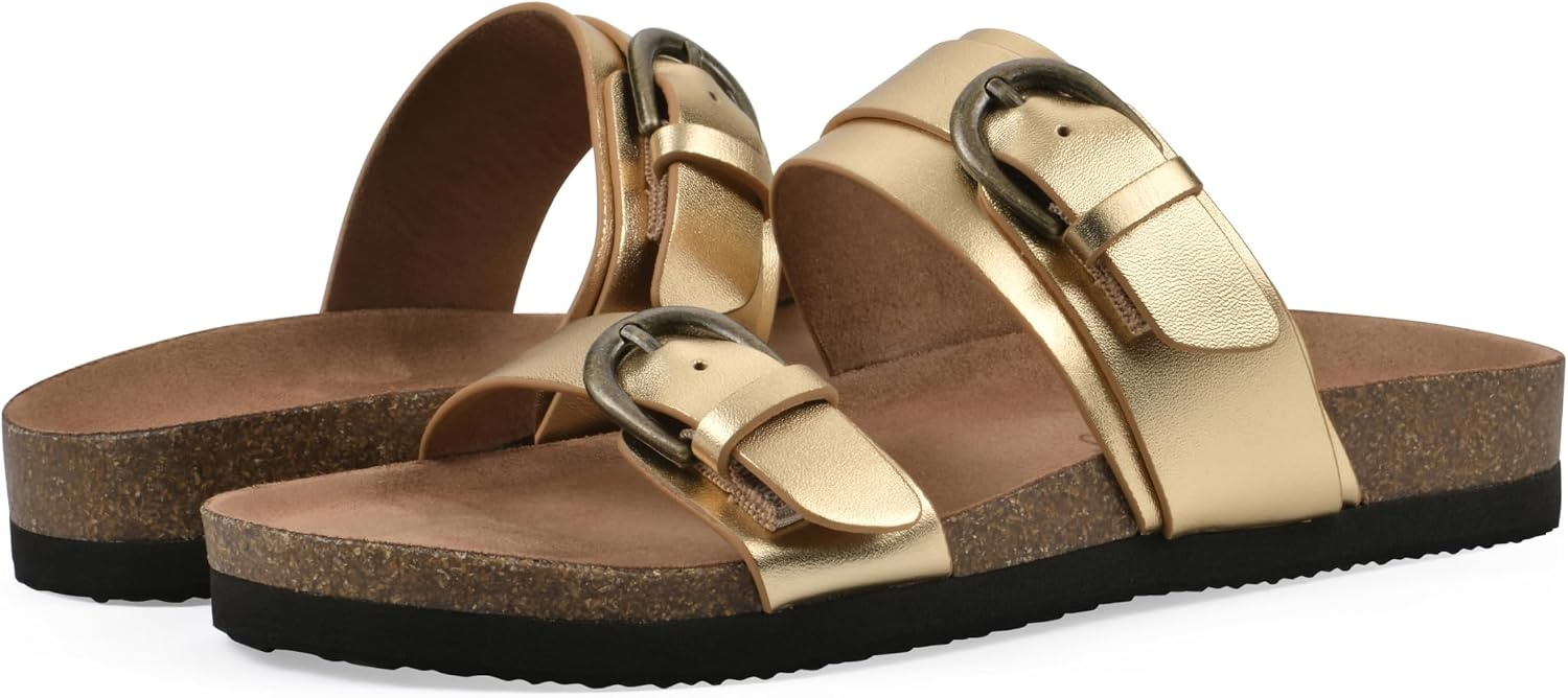 image:imageWHITE MOUNTAIN Womens Hardball DoubleBuckle Signature ComfortMolded Footbed SandalAntiqueGold Leather