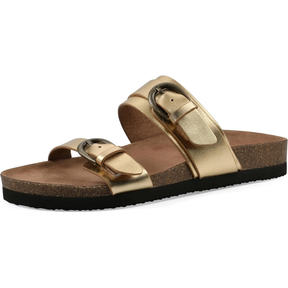 image:imageWHITE MOUNTAIN Womens Hardball DoubleBuckle Signature ComfortMolded Footbed SandalAntiqueGold Leather
