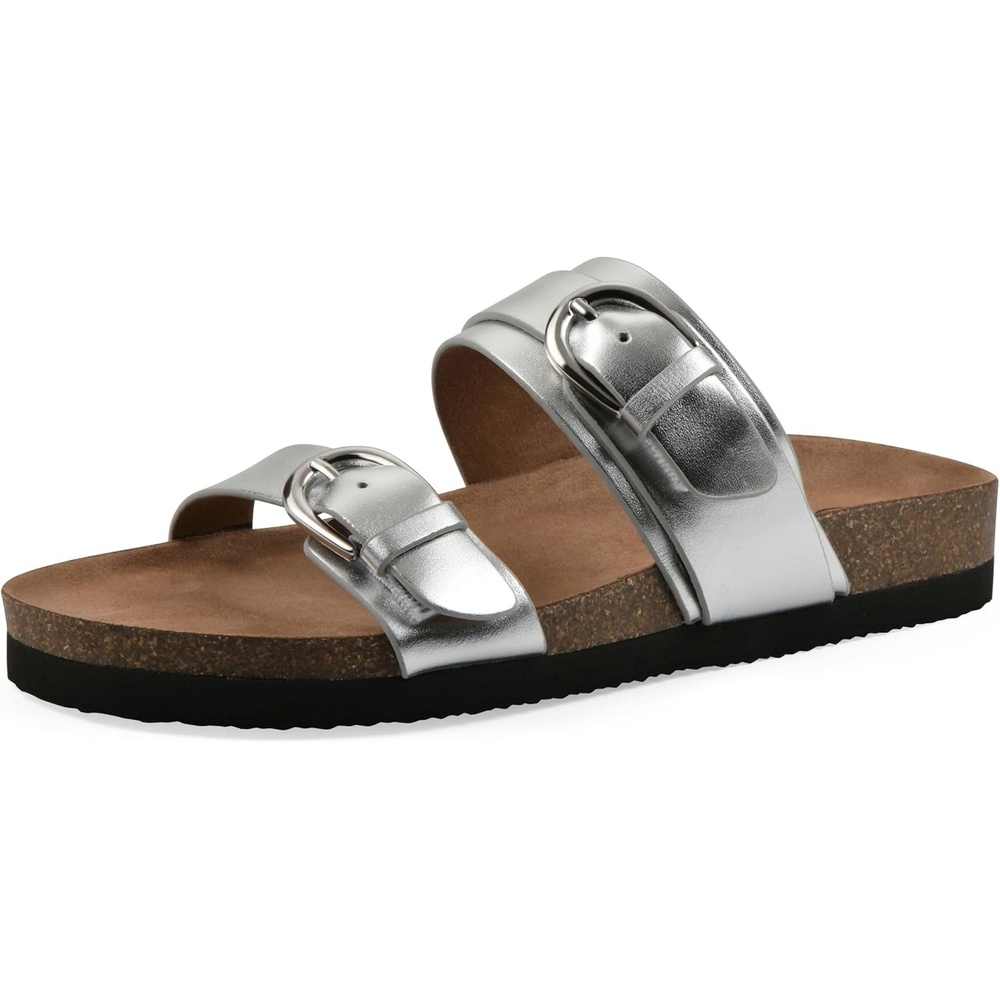 image:imageWHITE MOUNTAIN Womens Hardball DoubleBuckle Signature ComfortMolded Footbed SandalSilverLeather